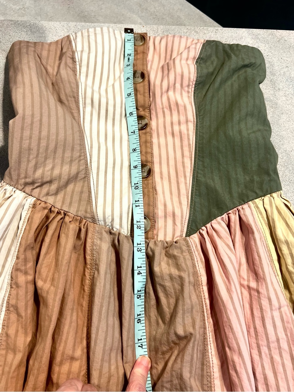 Maeve Strapless Patchwork Midi Dress in Pink, Beige & Olive - Picture 13 of 14